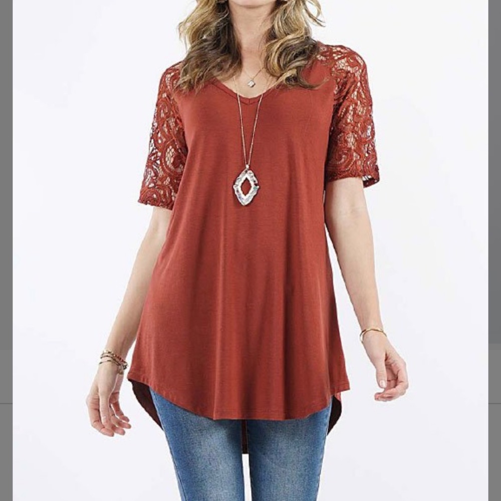 Dark Rust V-Neck Lace-Sleeve Curved-Hem Tunic NWOT